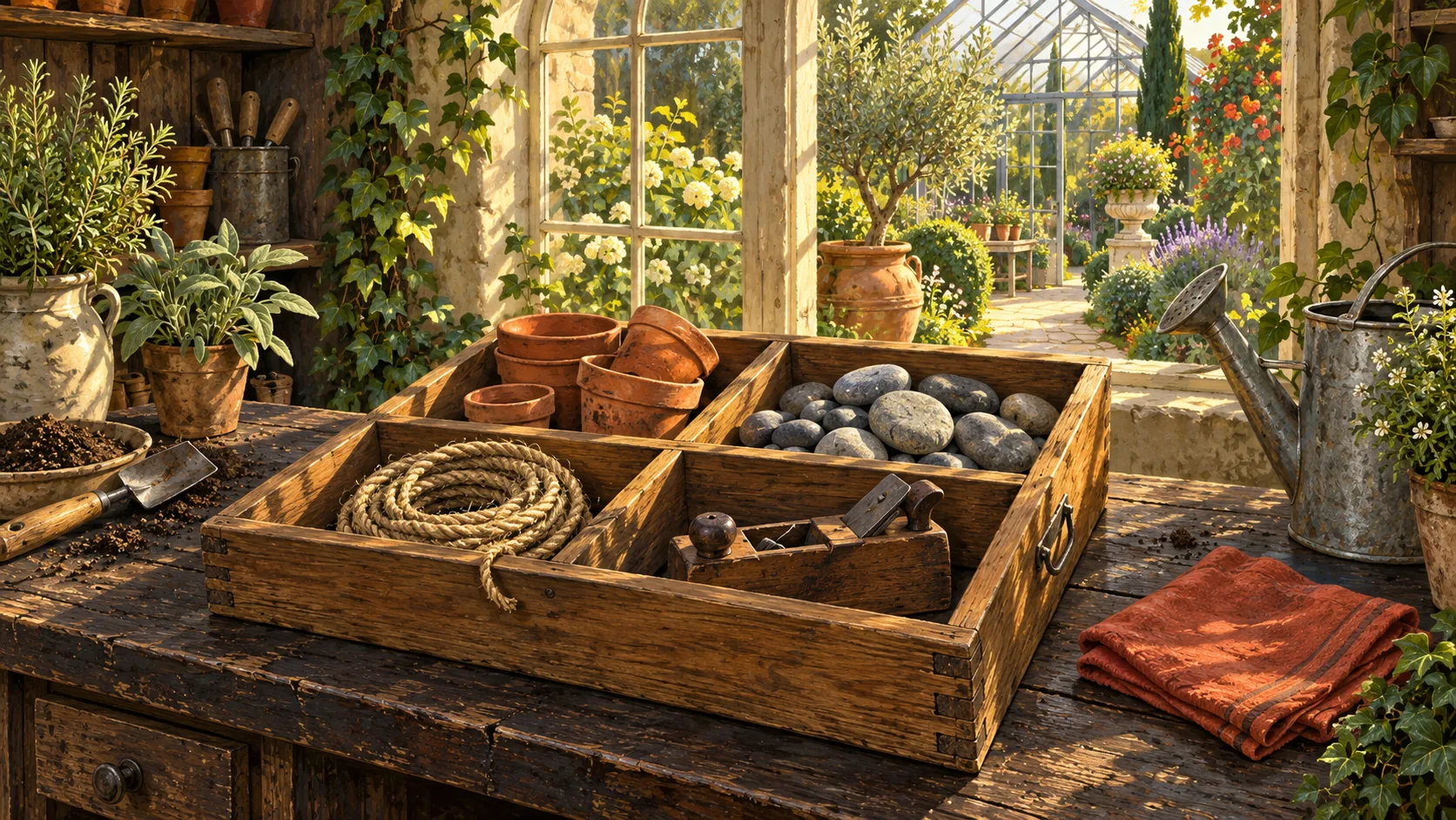 A four-compartment wooden tray holds clay pots, stones, rope and a woodworking plane.
