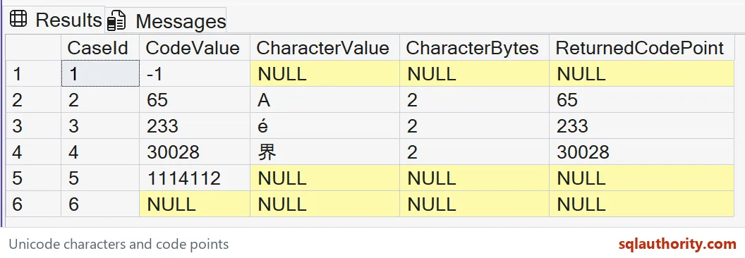 Native SSMS result showing all six NCHAR cases, including A, accented text, the Chinese character, invalid codes and NULL.