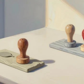 Gouache painting: two small wooden pottery stamps with differently carved round ends rest on a potter's bench, each beside a strip of soft clay pressed with its own small leaf-shaped impression; one stamp has a vermilion handle