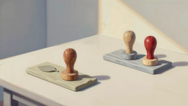 Gouache painting: two small wooden pottery stamps with differently carved round ends rest on a potter's bench, each beside a strip of soft clay pressed with its own small leaf-shaped impression; one stamp has a vermilion handle