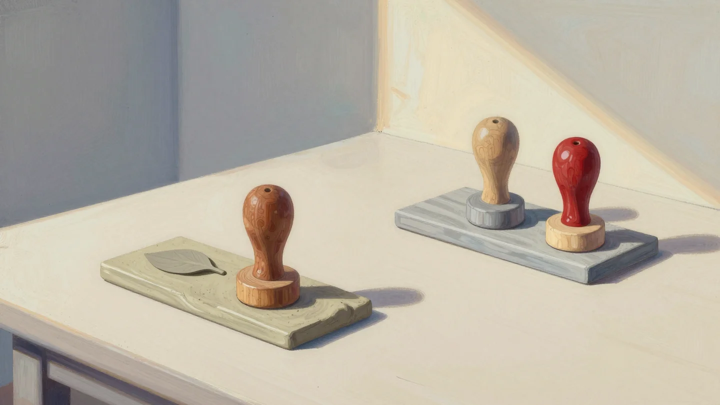 Gouache painting: two small wooden pottery stamps with differently carved round ends rest on a potter's bench, each beside a strip of soft clay pressed with its own small leaf-shaped impression; one stamp has a vermilion handle