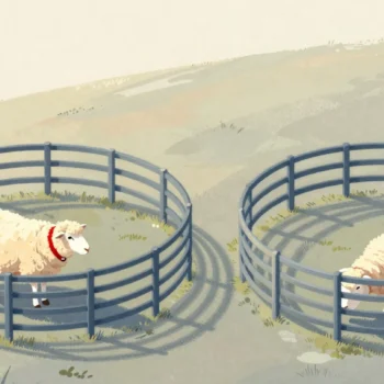 Gouache painting: seen from above, two identical round paddock fences stand side by side on a green hill