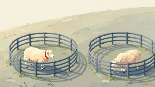 Gouache painting: seen from above, two identical round paddock fences stand side by side on a green hill