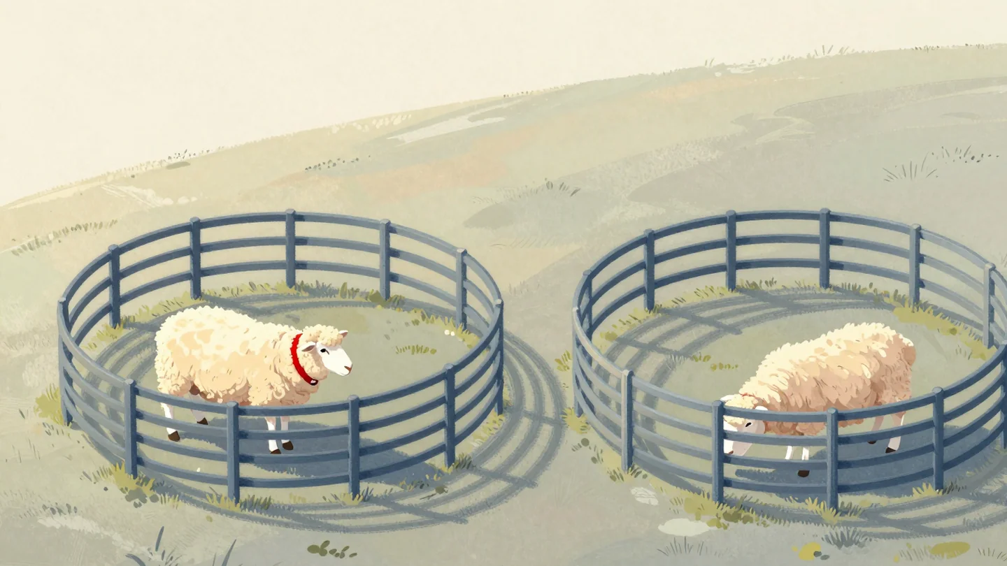 Gouache painting: seen from above, two identical round paddock fences stand side by side on a green hill