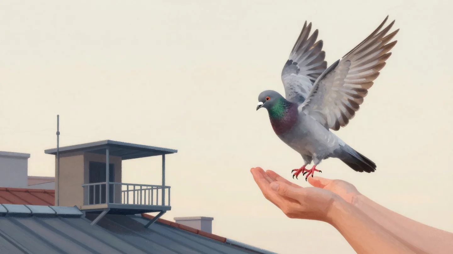 Hands releasing a carrier pigeon from a rooftop loft at dawn, with a distant empty loft waiting across the roofs
