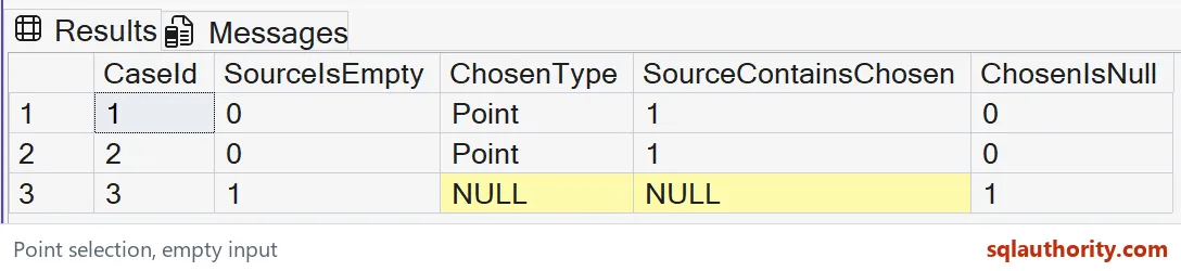 Native SSMS result grids for point selection, empty input, including all returned rows and columns.