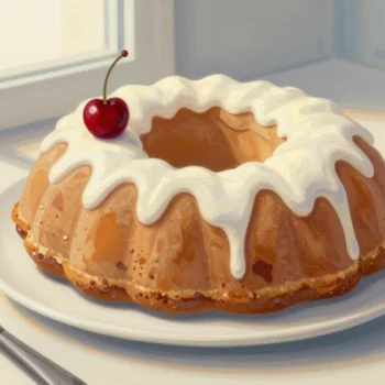 A ring cake with white icing and one cherry on top, on a white plate beside a knife.