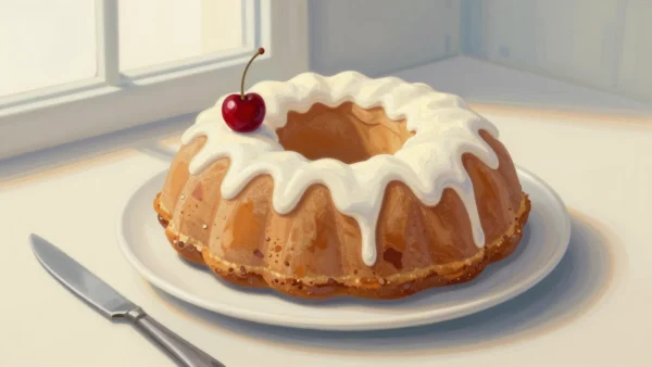 A ring cake with white icing and one cherry on top, on a white plate beside a knife.