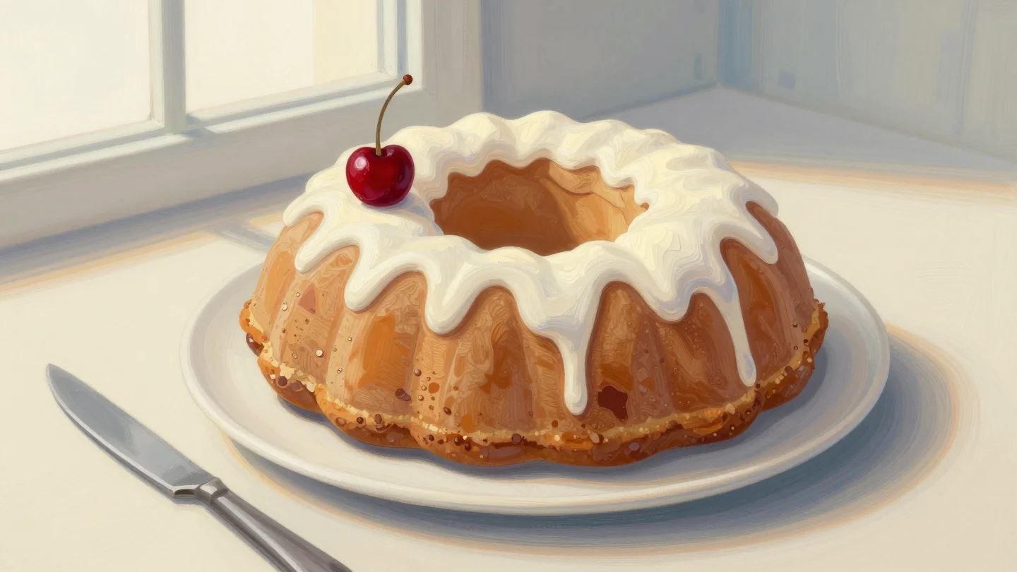 A ring cake with white icing and one cherry on top, on a white plate beside a knife.