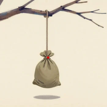 A rope swing on an oak branch holding a heavy sack of sand, the rope taut, tested before anyone rides it.