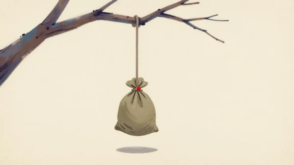 A rope swing on an oak branch holding a heavy sack of sand, the rope taut, tested before anyone rides it.