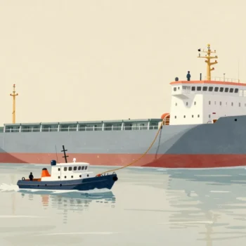 A small pilot boat running alongside a large cargo ship entering a harbor, a rope ladder hanging between them.
