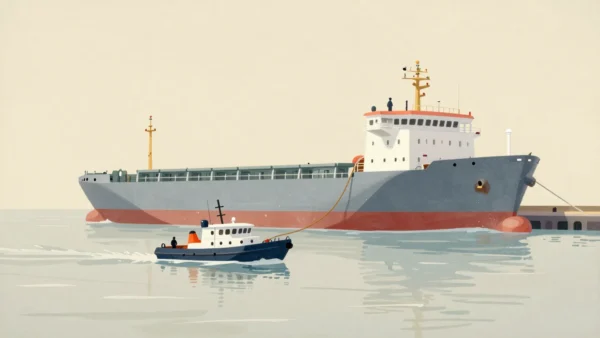 A small pilot boat running alongside a large cargo ship entering a harbor, a rope ladder hanging between them.