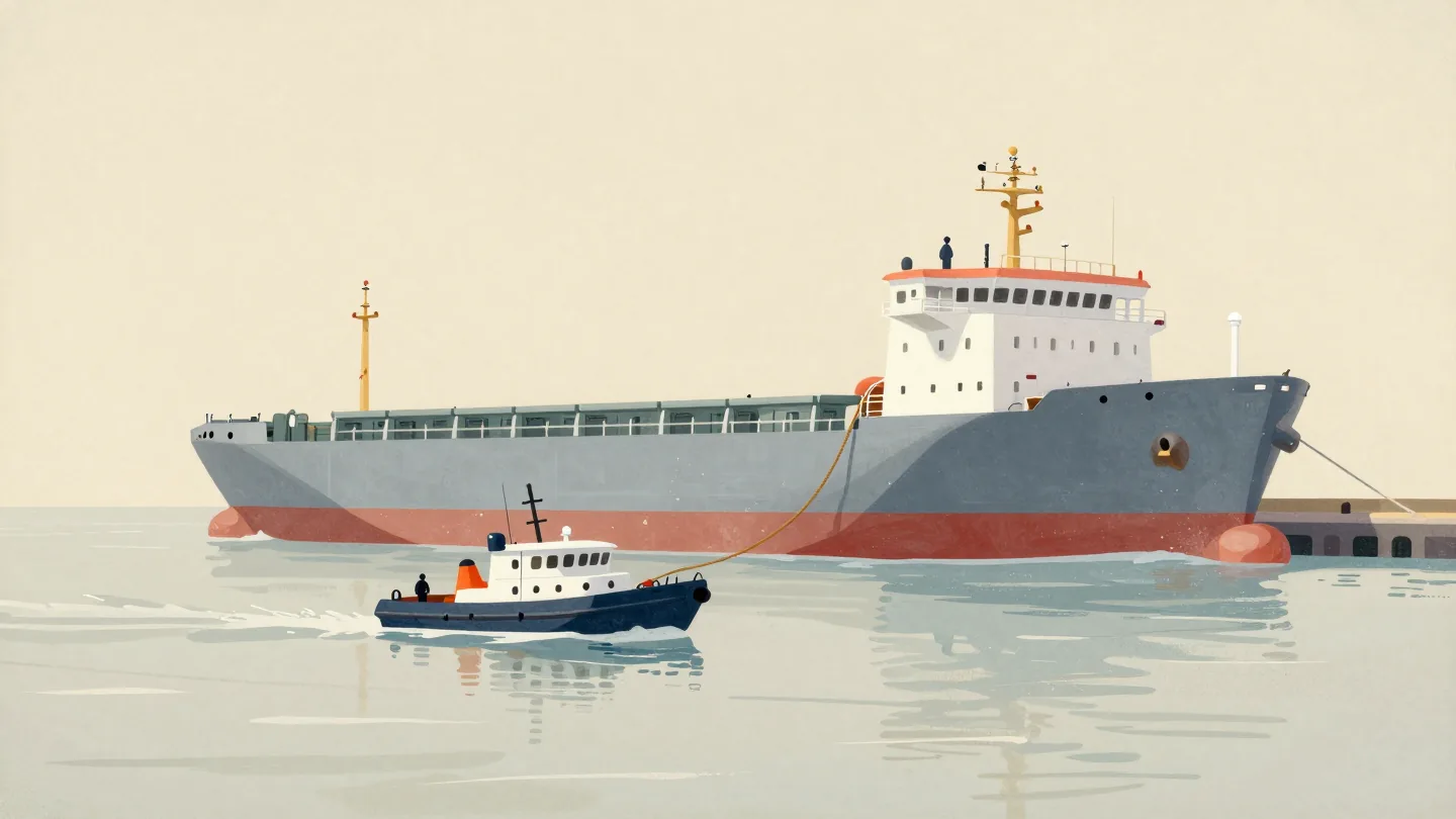 A small pilot boat running alongside a large cargo ship entering a harbor, a rope ladder hanging between them.