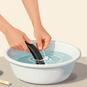 Two hands hold a bicycle inner tube under water in an enamel basin as a thin stream of bubbles rises from one spot.