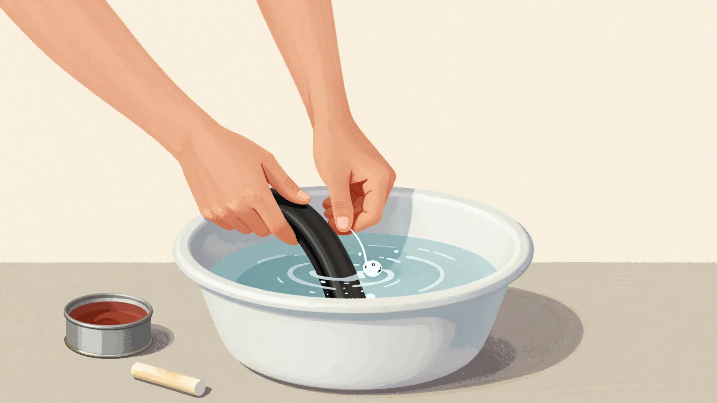 Two hands hold a bicycle inner tube under water in an enamel basin as a thin stream of bubbles rises from one spot.
