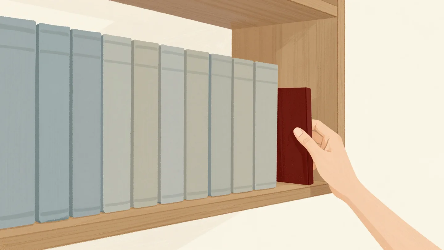 A full bookshelf with a red bookend placed to leave room for the next volume