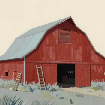 A barn with a high open hayloft door, one ladder in plain view and two more half hidden around the side.