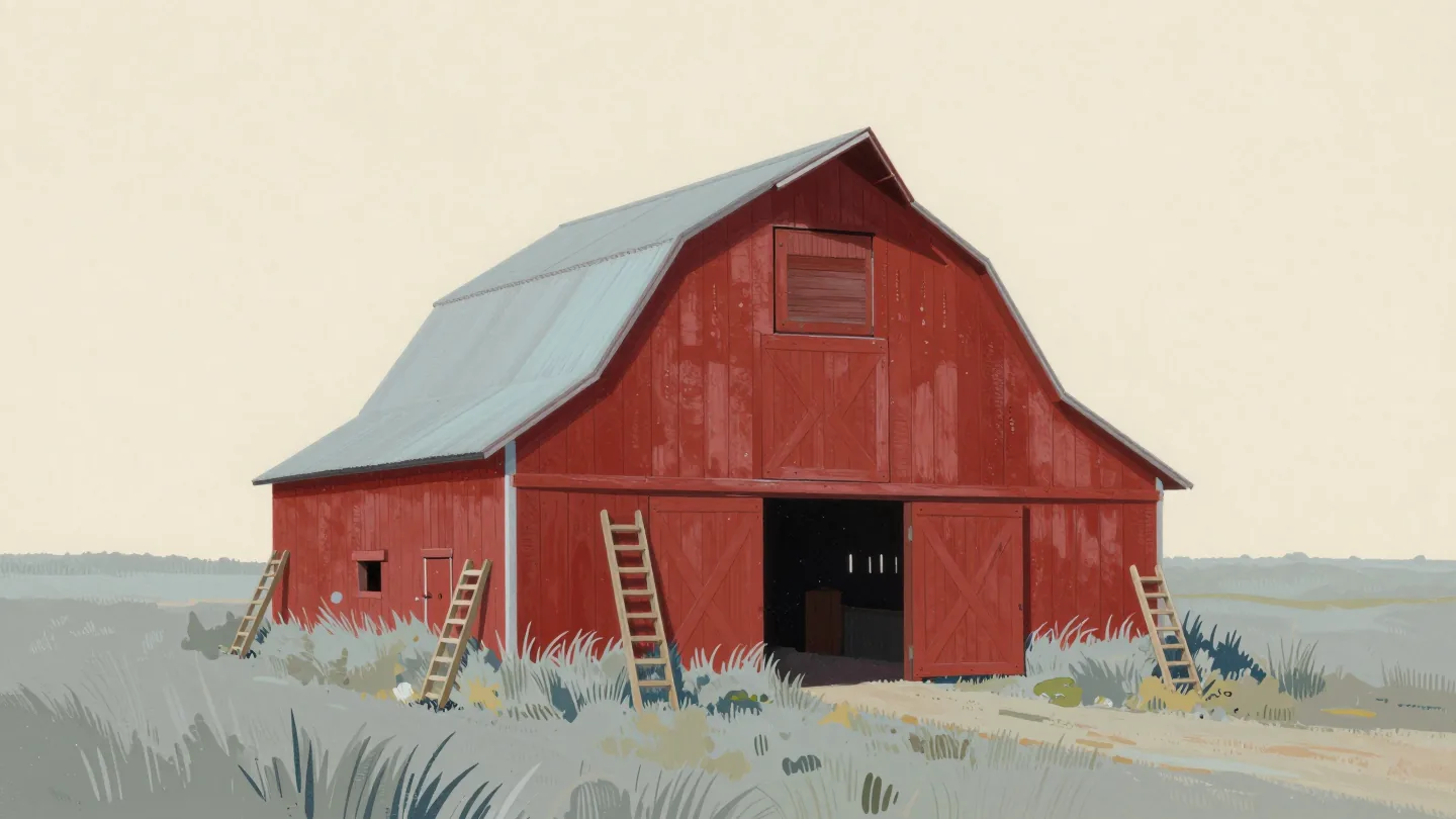 A barn with a high open hayloft door, one ladder in plain view and two more half hidden around the side.