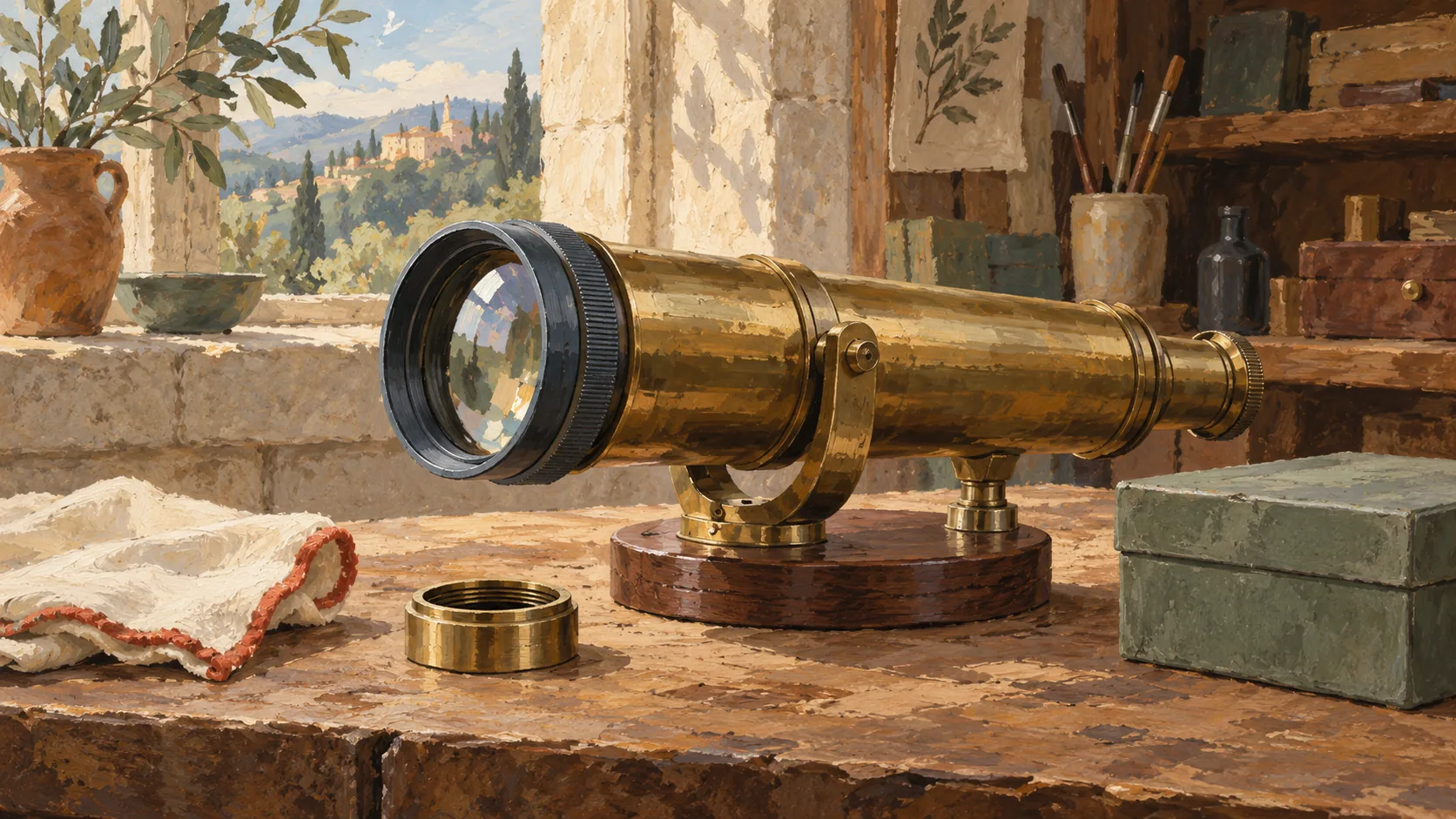 A brass telescope rests on a wooden base beside a detached threaded brass ring and a plain green storage box.