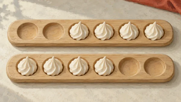 Two wooden meringue boards, each with four meringues and two empty wells on opposite ends.