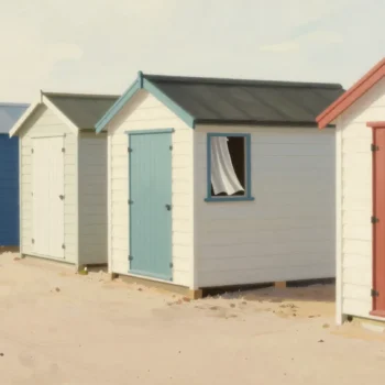 A row of closed beach huts on a quiet promenade, one with a small window left propped open.