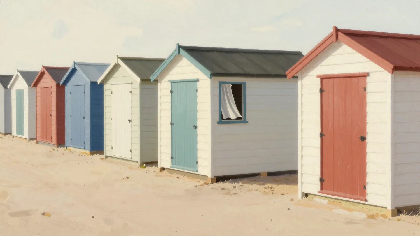 A row of closed beach huts on a quiet promenade, one with a small window left propped open.