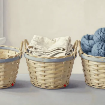 Three woven baskets hold nothing, folded cream linen and blue wool, respectively.