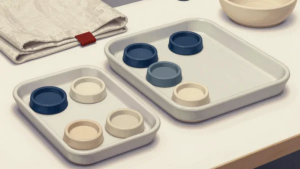 Two ivory trays hold separate groups of small blue and cream ceramic dishes.