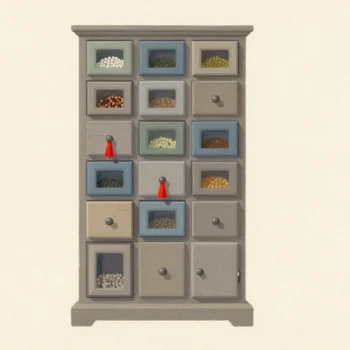 A cabinet of seed drawers, each with a tiny window showing what it holds, one red tassel