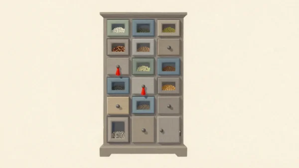 A cabinet of seed drawers, each with a tiny window showing what it holds, one red tassel
