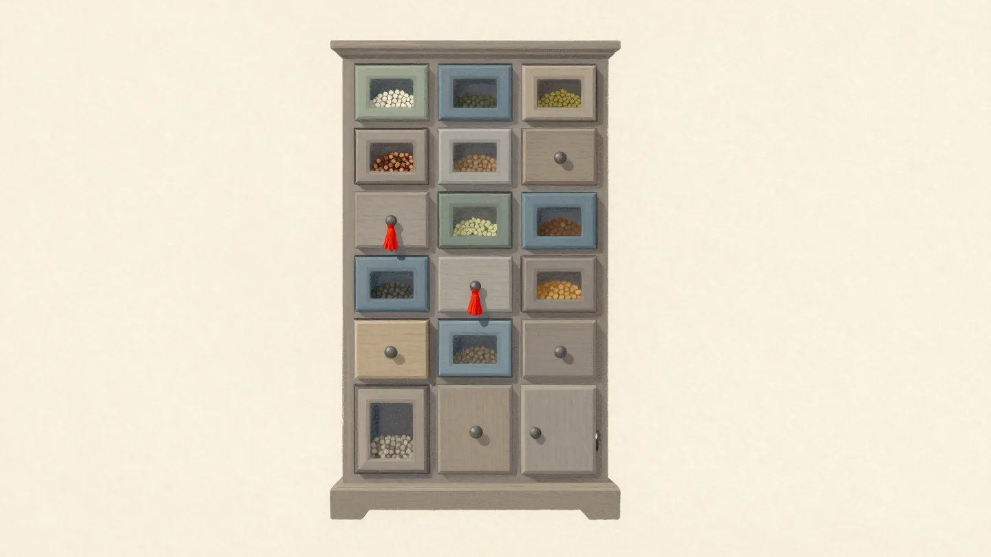A cabinet of seed drawers, each with a tiny window showing what it holds, one red tassel