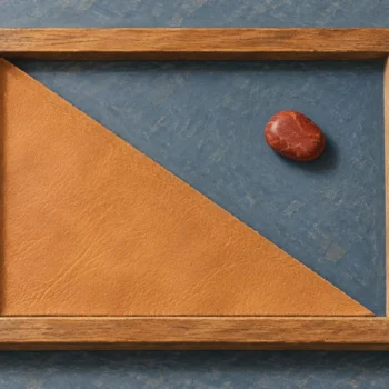 A wooden frame with a leather triangle in one corner and a red stone inside the frame but outside the triangle.