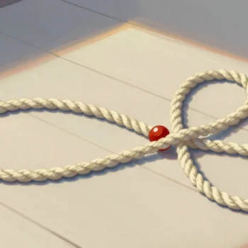 Gouache painting: two lengths of smooth cream rope lie on a polished wooden floor: one forms a closed oval, the other a closed figure eight that crosses itself once in the middle, where a small vermilion bead sits