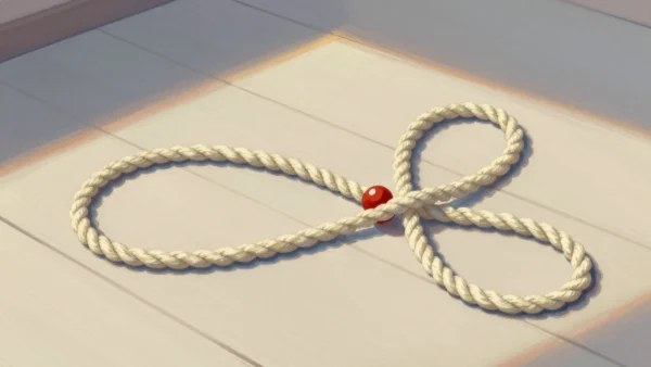 Gouache painting: two lengths of smooth cream rope lie on a polished wooden floor: one forms a closed oval, the other a closed figure eight that crosses itself once in the middle, where a small vermilion bead sits