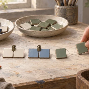 Matching enamel chips clipped in pairs, with a similar pair kept apart and linked by a loose thread.