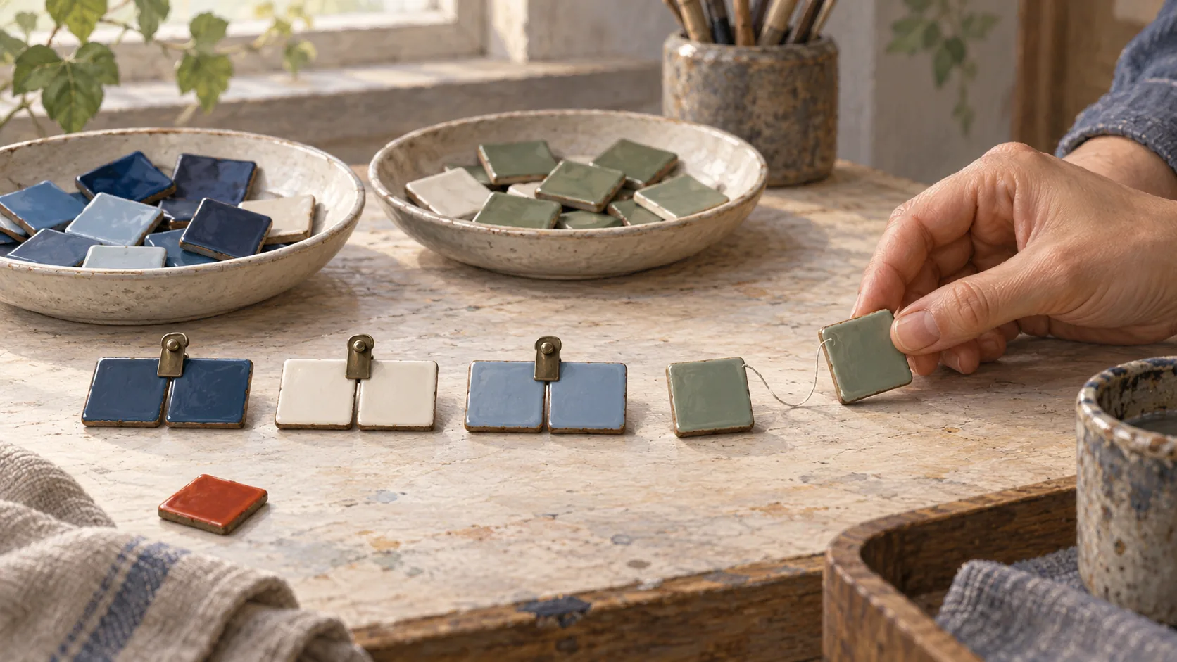 Matching enamel chips clipped in pairs, with a similar pair kept apart and linked by a loose thread.