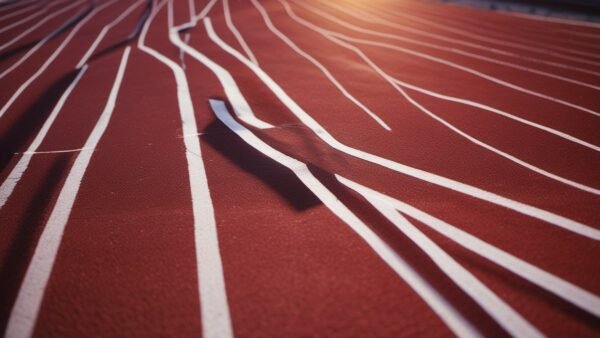 Lanes of a red running track in warm light, keep going until you are done