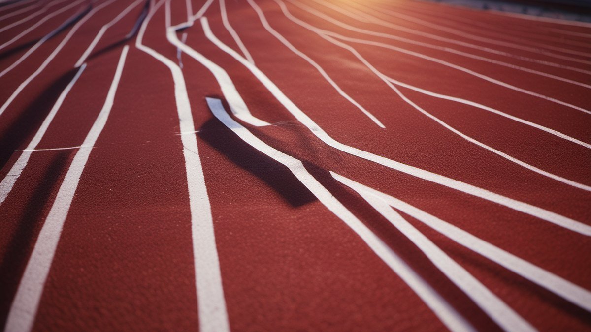 Lanes of a red running track in warm light, keep going until you are done
