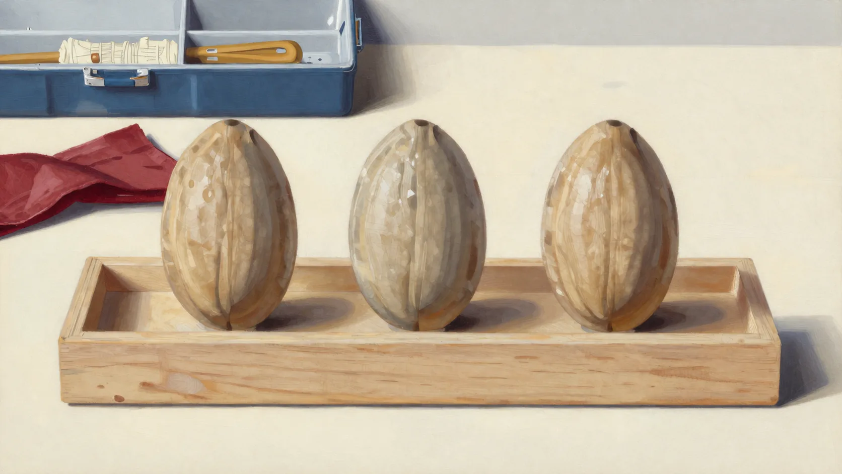 Three upright carved wooden forms stand in a shallow wooden tray beside a red cloth and tool case.