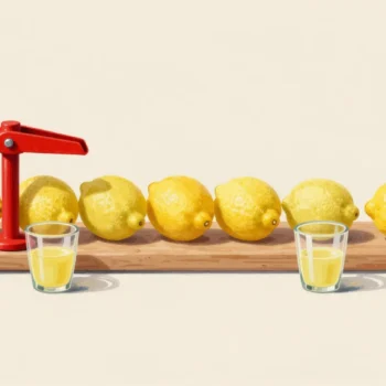 Lemons in a row beside a red citrus press, a glass of juice before each one except a dry lemon