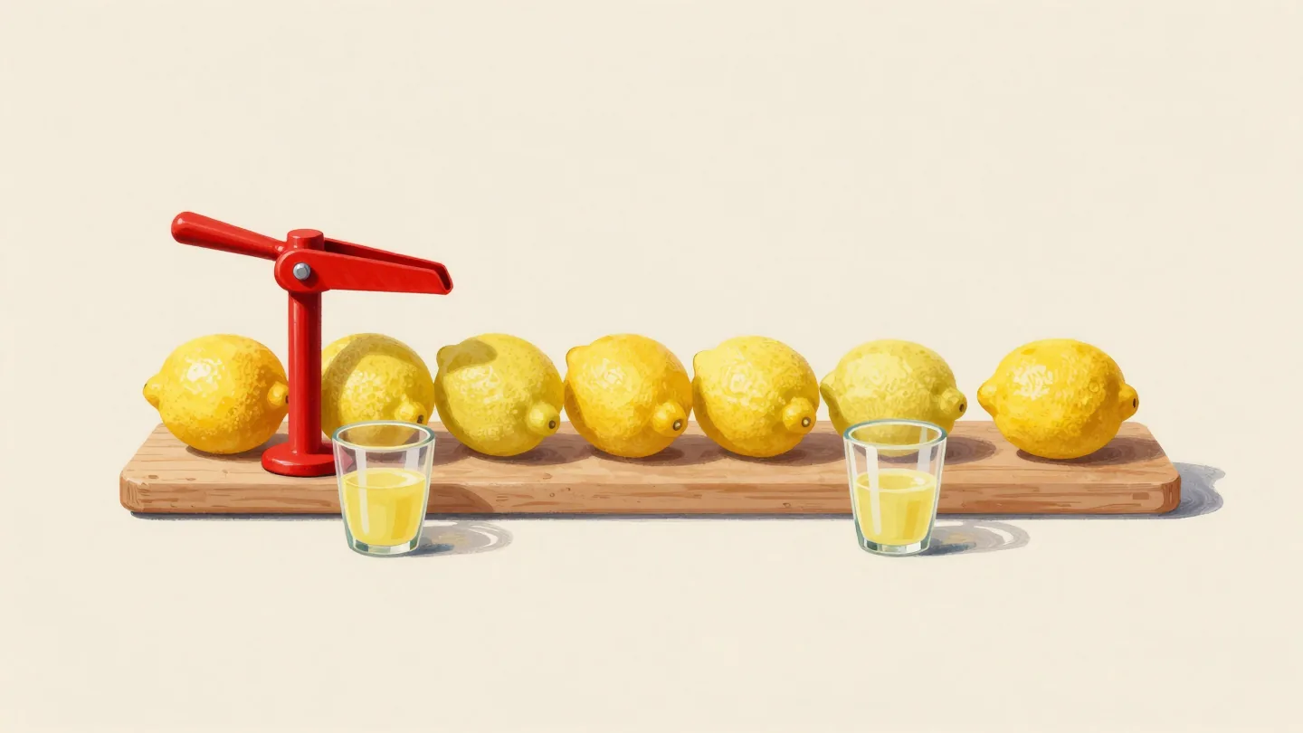 Lemons in a row beside a red citrus press, a glass of juice before each one except a dry lemon