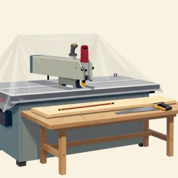 A covered table saw in a wood shop, with a short plank and a plain hand saw ready on the bench in front of it.