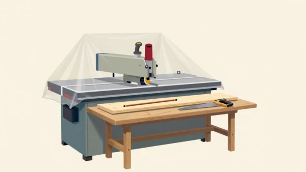 A covered table saw in a wood shop, with a short plank and a plain hand saw ready on the bench in front of it.