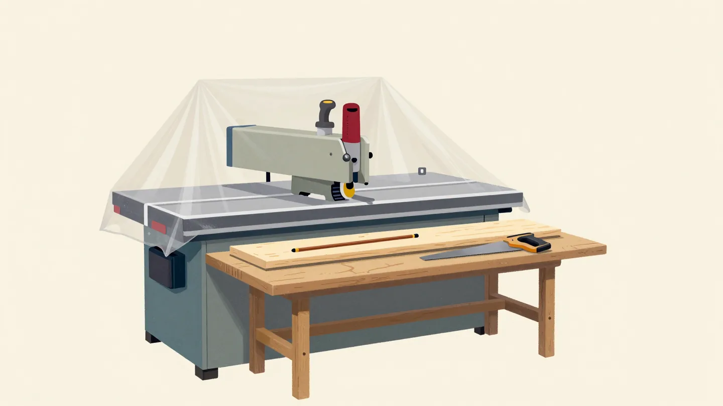 A covered table saw in a wood shop, with a short plank and a plain hand saw ready on the bench in front of it.