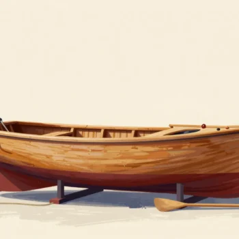 A freshly varnished wooden boat on a boatyard slipway with no mast yet, ropes and oars lying beside it.
