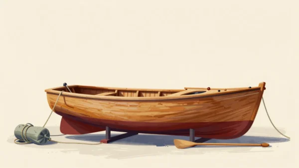 A freshly varnished wooden boat on a boatyard slipway with no mast yet, ropes and oars lying beside it.