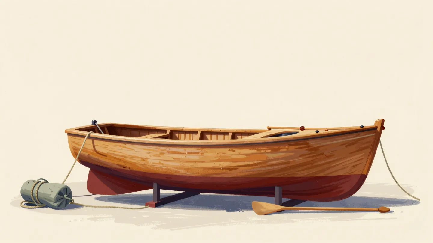 A freshly varnished wooden boat on a boatyard slipway with no mast yet, ropes and oars lying beside it.