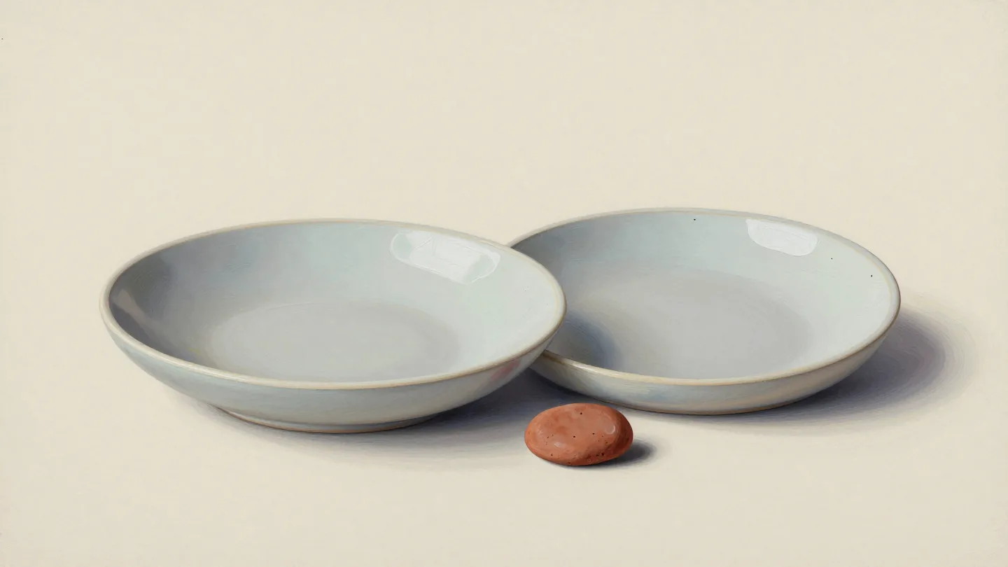 Two empty pale ceramic bowls beside a small terracotta pebble.