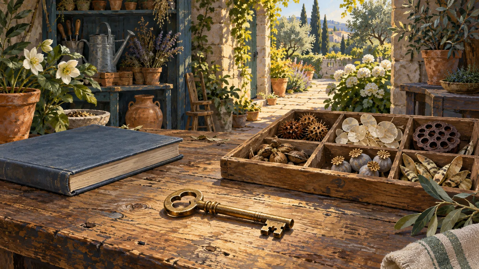 A brass key and a compartmented tray of different seed pods beside a closed plain book.